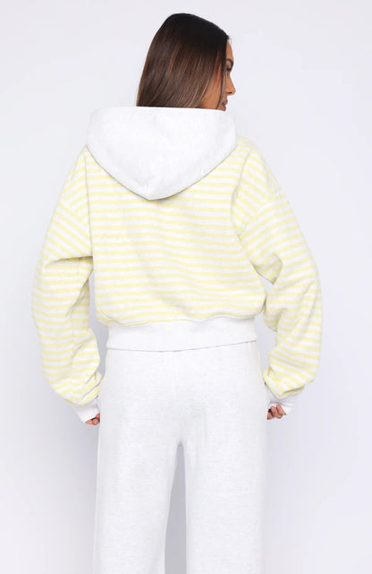 Verano Sixteen Maria Boxy Zip Front Hoodie Grey Marle Lemon Stripe