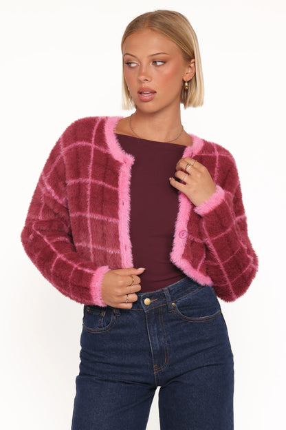 Viola Plaid Button Front Cardigan Burgundy