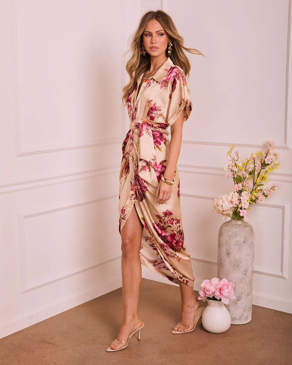 Trudie Floral Satin Midi Shirt Dress