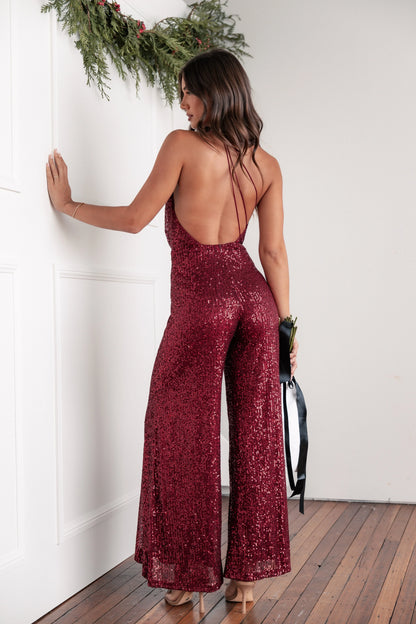 Khianna Sequin One Shoulder Jumpsuit Red