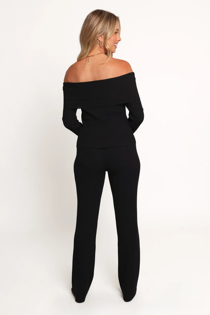 Gindie Ribbed Knit Off The Shoulder Pant Set Black