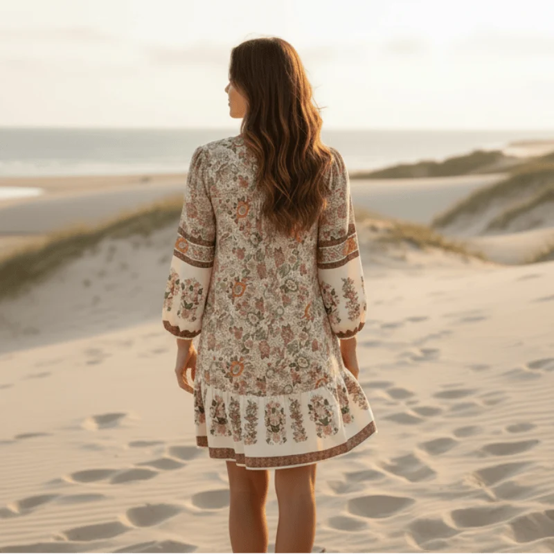 Boho Floral V Neck Ruffle Mini Dress
