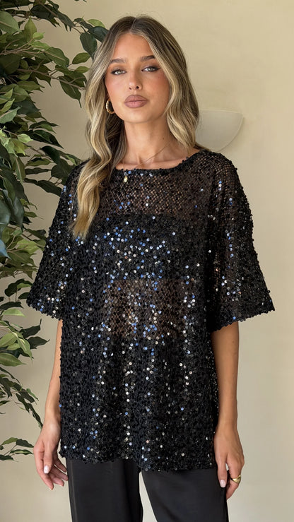 Varni Oversized Sequins Tee Black