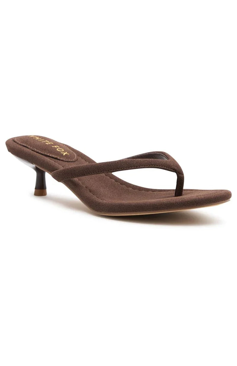 Orion Thong Kitten Mules Chocolate Faux Suede