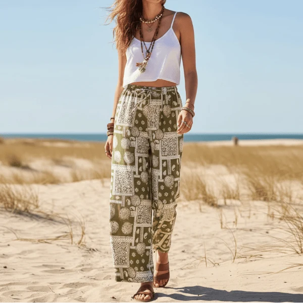 Olive Mosaic Boho Wide Leg Pants
