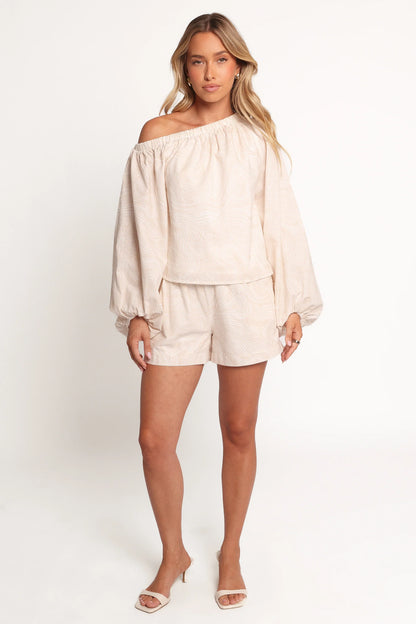 Zion Off Shoulder Long Sleeve Top Tan Swirl