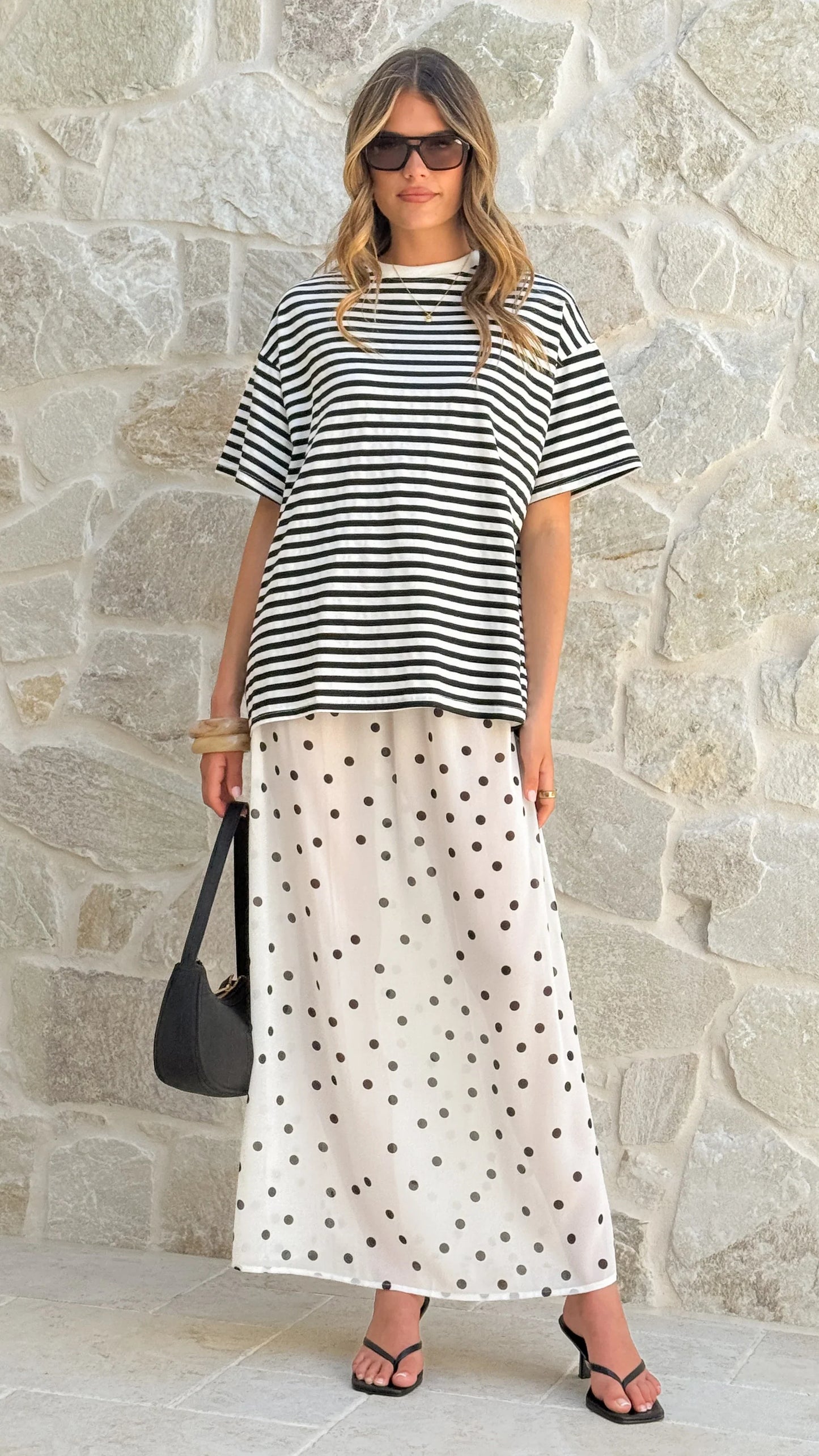 Elisha T Shirt and Sheer Maxi Skirt Set Black White Stripe and Polka Dot