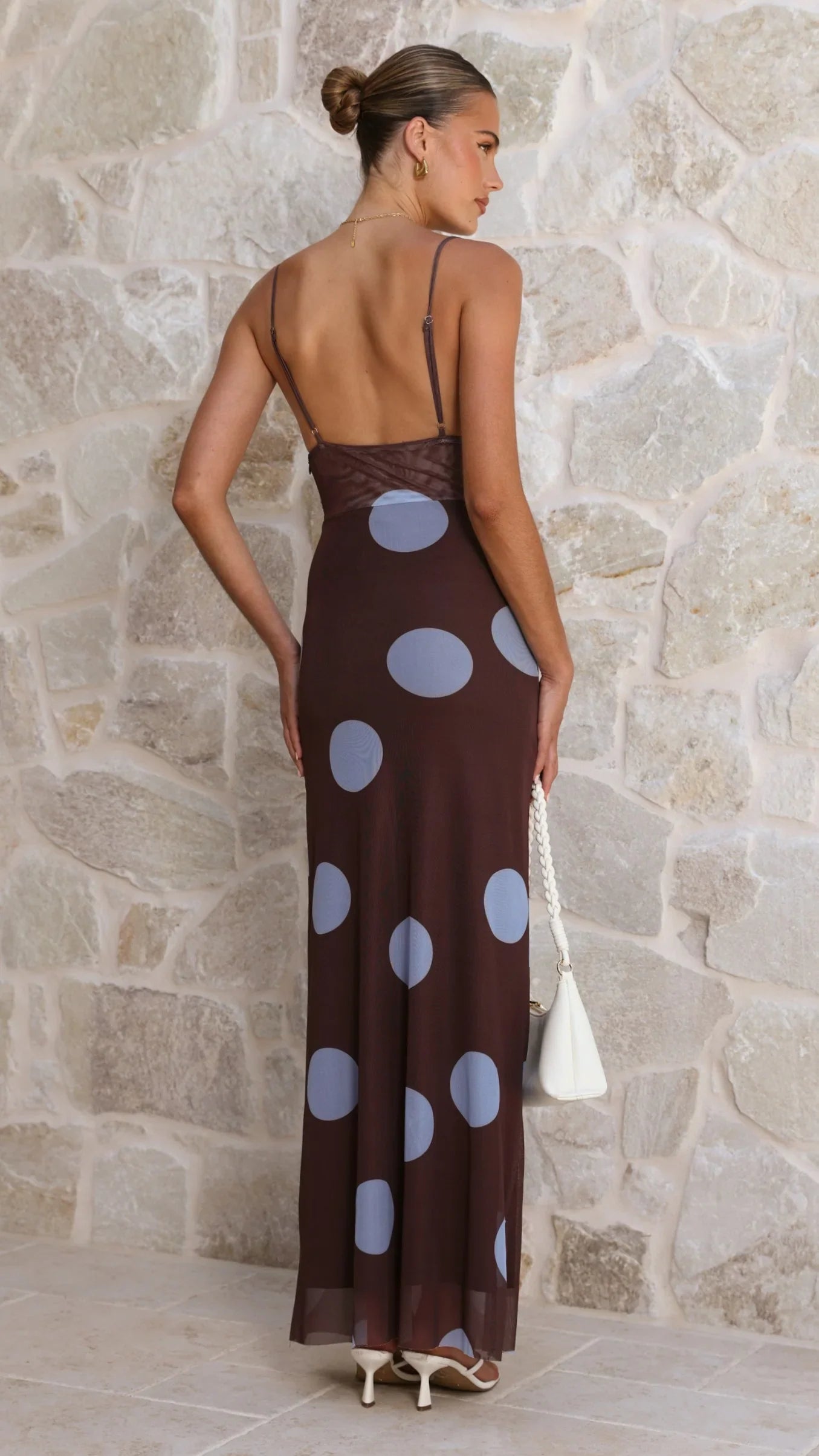 Loralei Mesh Maxi Dress Brown Blue Polka Dot