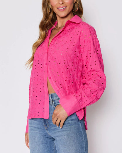 Garden Stroll Eyelet Floral Button Down Top