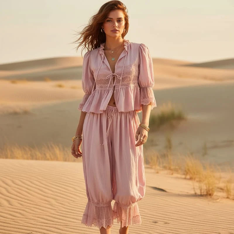 Boho Lace Trim 2 Piece Pants Set