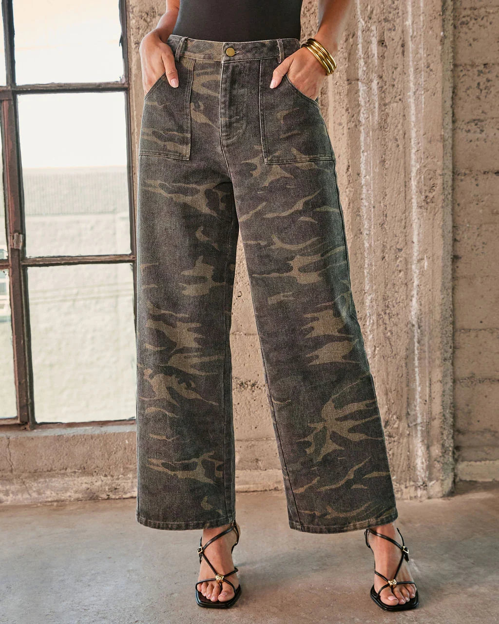 Polished Combat Rigid Straight Leg Camo Print Jeans