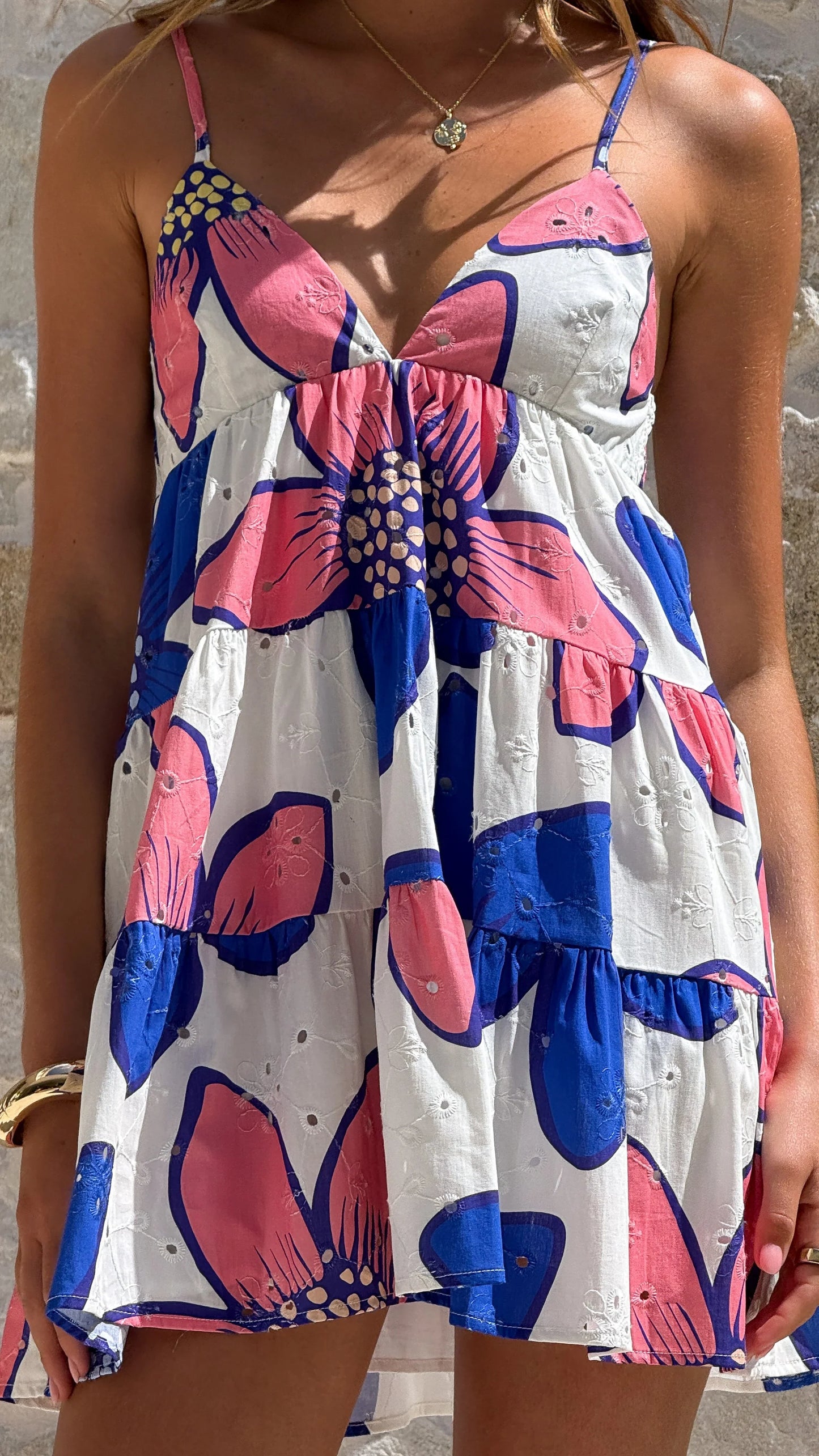 Maisie Eyelet Mini Dress Botanic Blue Pink Print