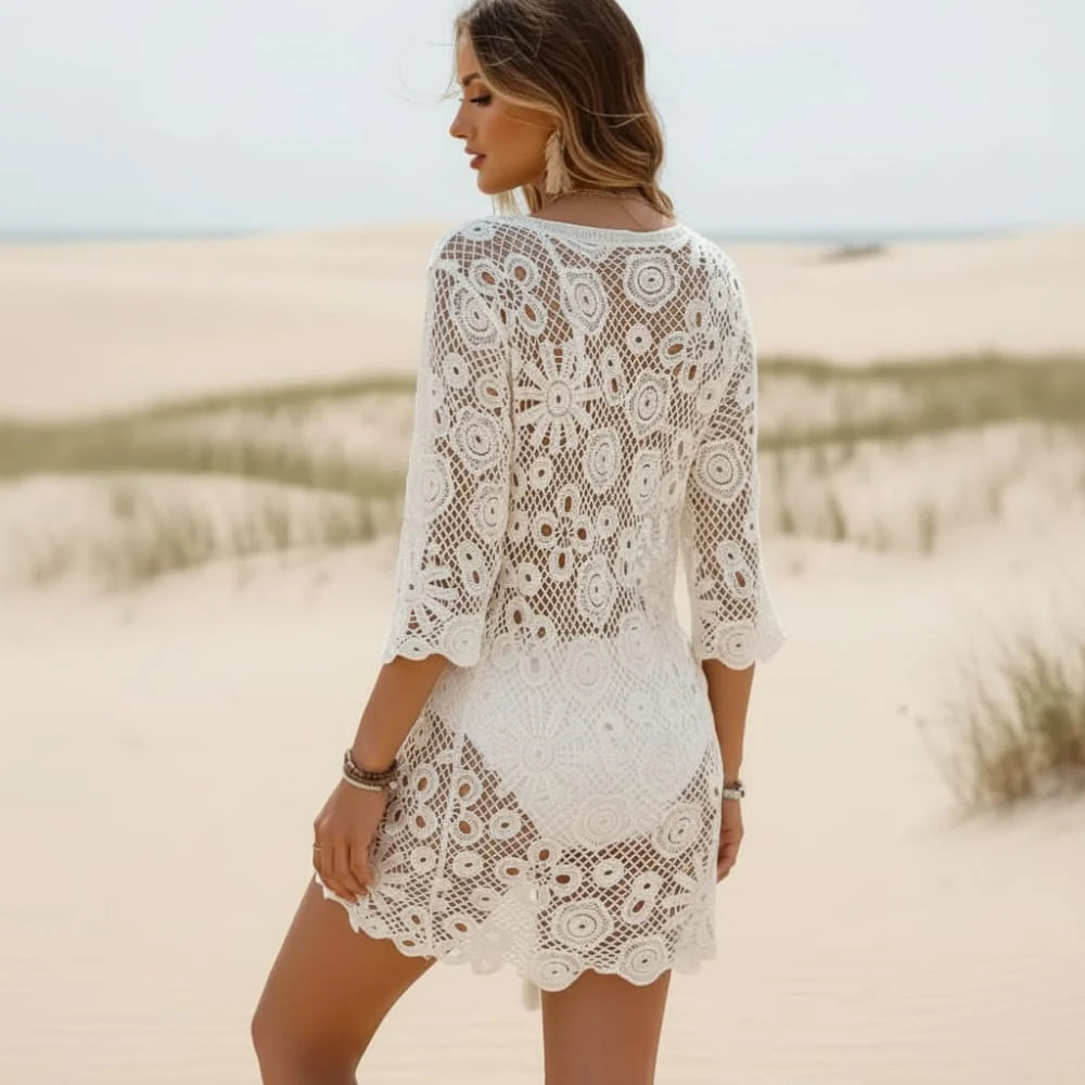 White Crochet Lace Up Beach Cover Up Dress