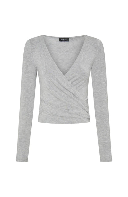 Staying Cute Long Sleeve Wrap Top Grey Marle