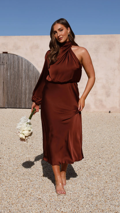 Esther One Shoulder Long Sleeve Dress Brown