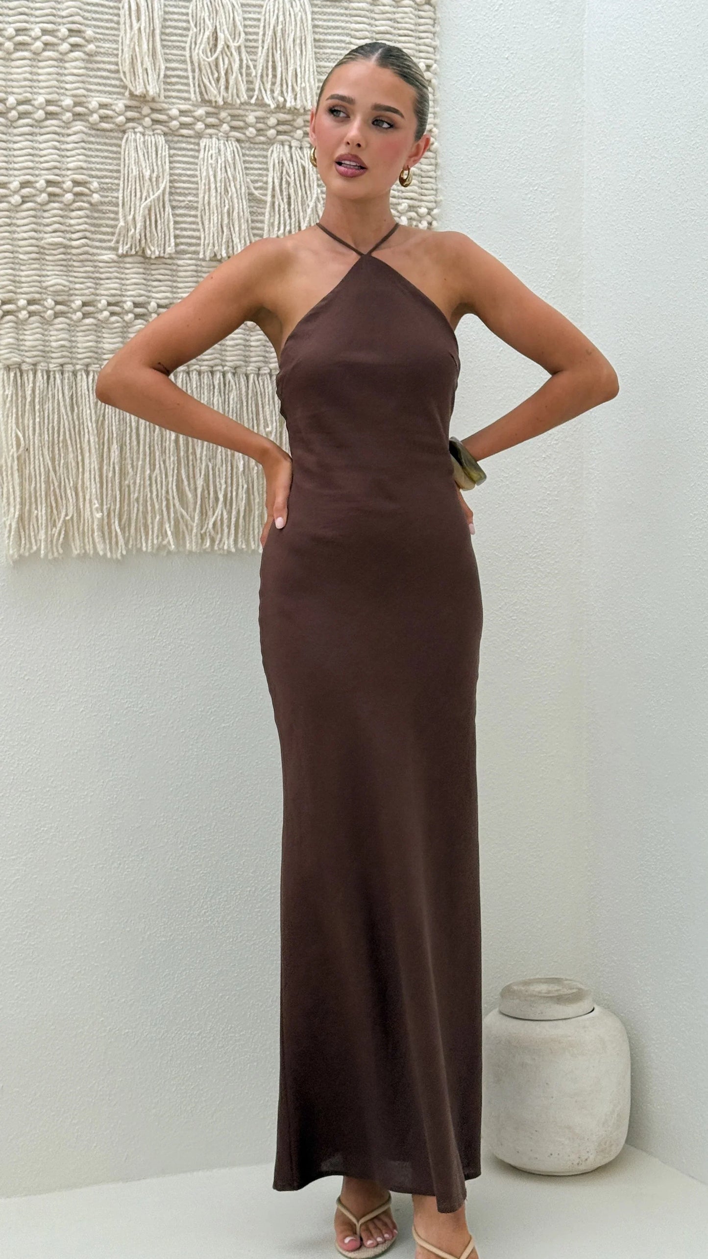 Chiara Linen Maxi Dress Chocolate