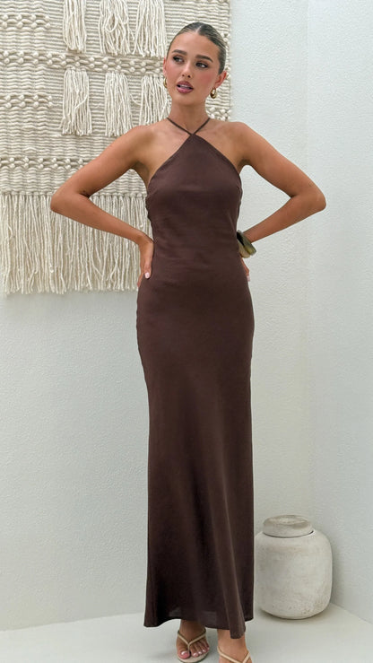 Chiara Linen Maxi Dress Chocolate