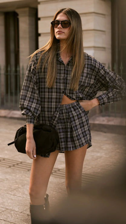 Arli Button Up Shirt Black Beige Plaid