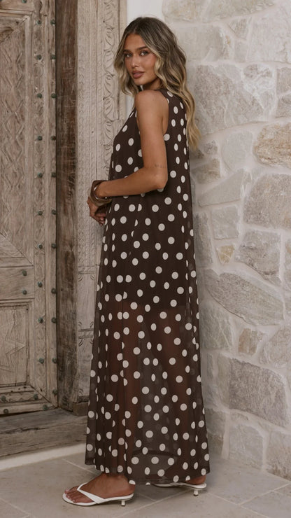 Amryn Maxi Dress Choc White Polka Dot