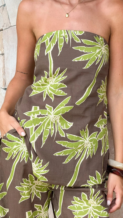 Kailani Strapless Top and Pants Set Brown Green Palm