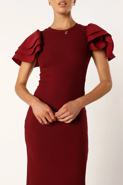 Cally Ruffle Sleeve Midi Dress Wine