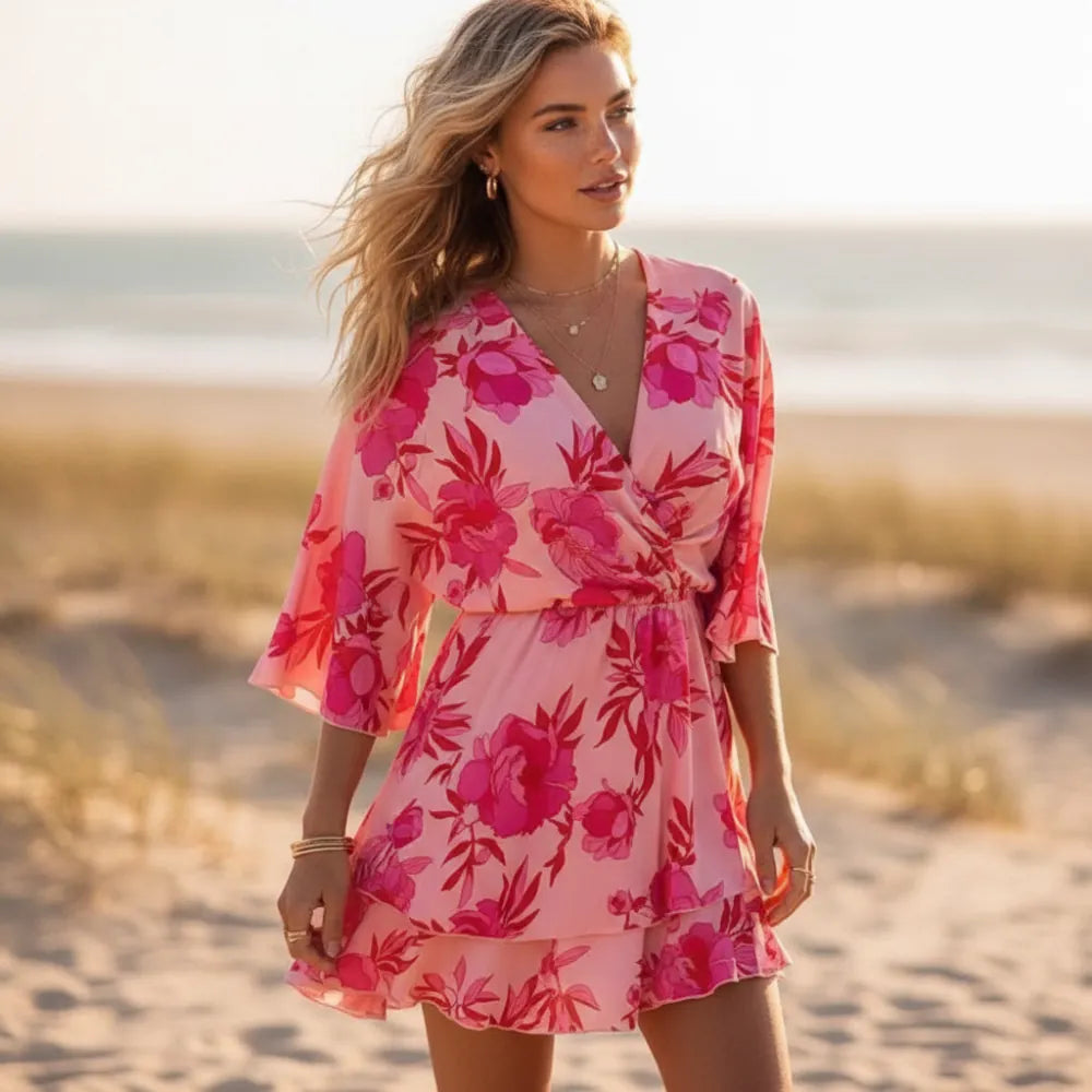Pink Boho Floral A Line Mini Dress