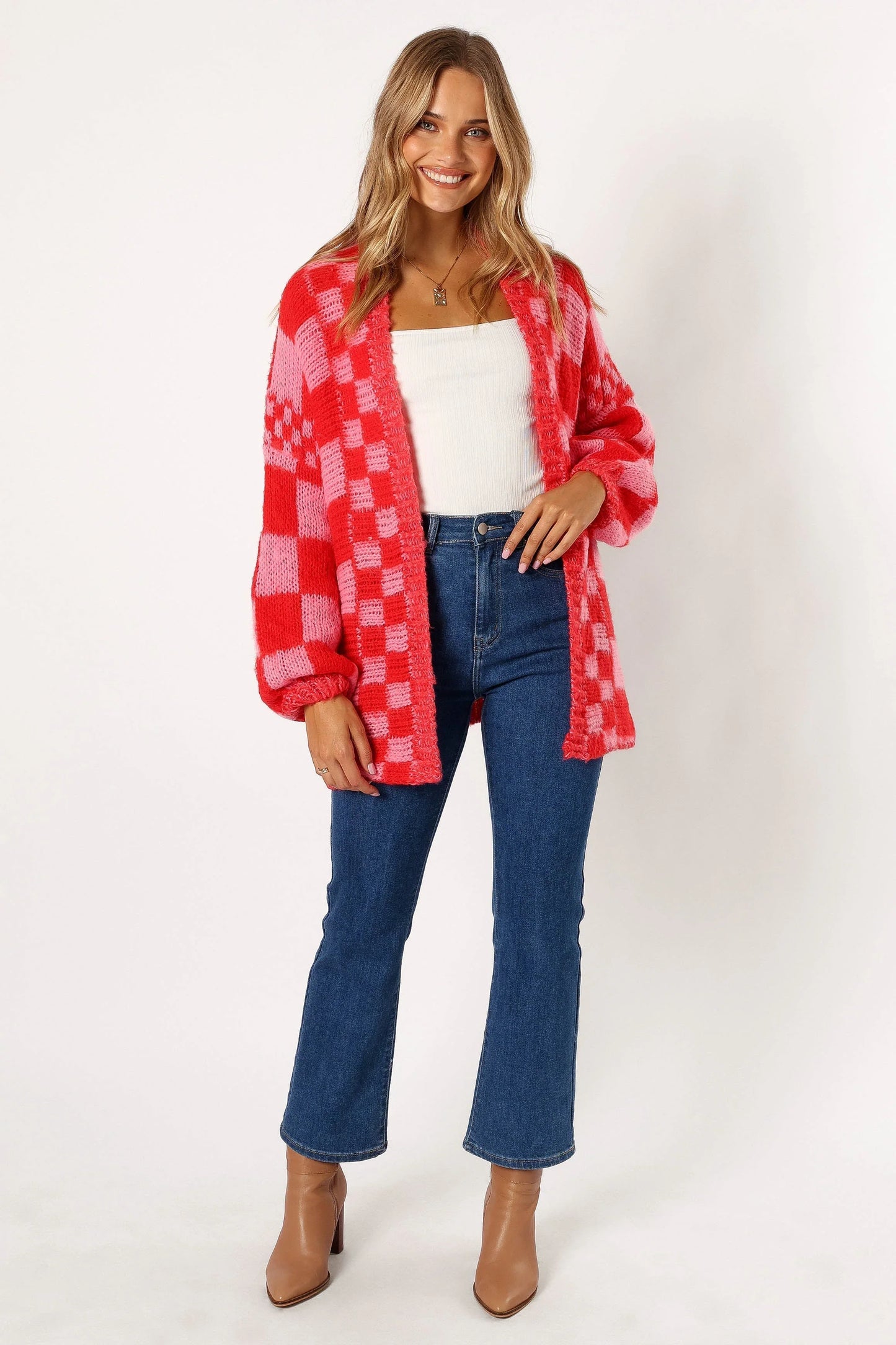 Davina Pattern Open Front Cardigan Red Pink
