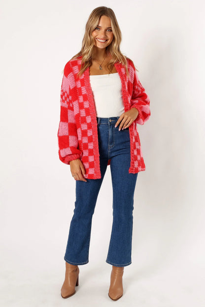 Davina Pattern Open Front Cardigan Red Pink