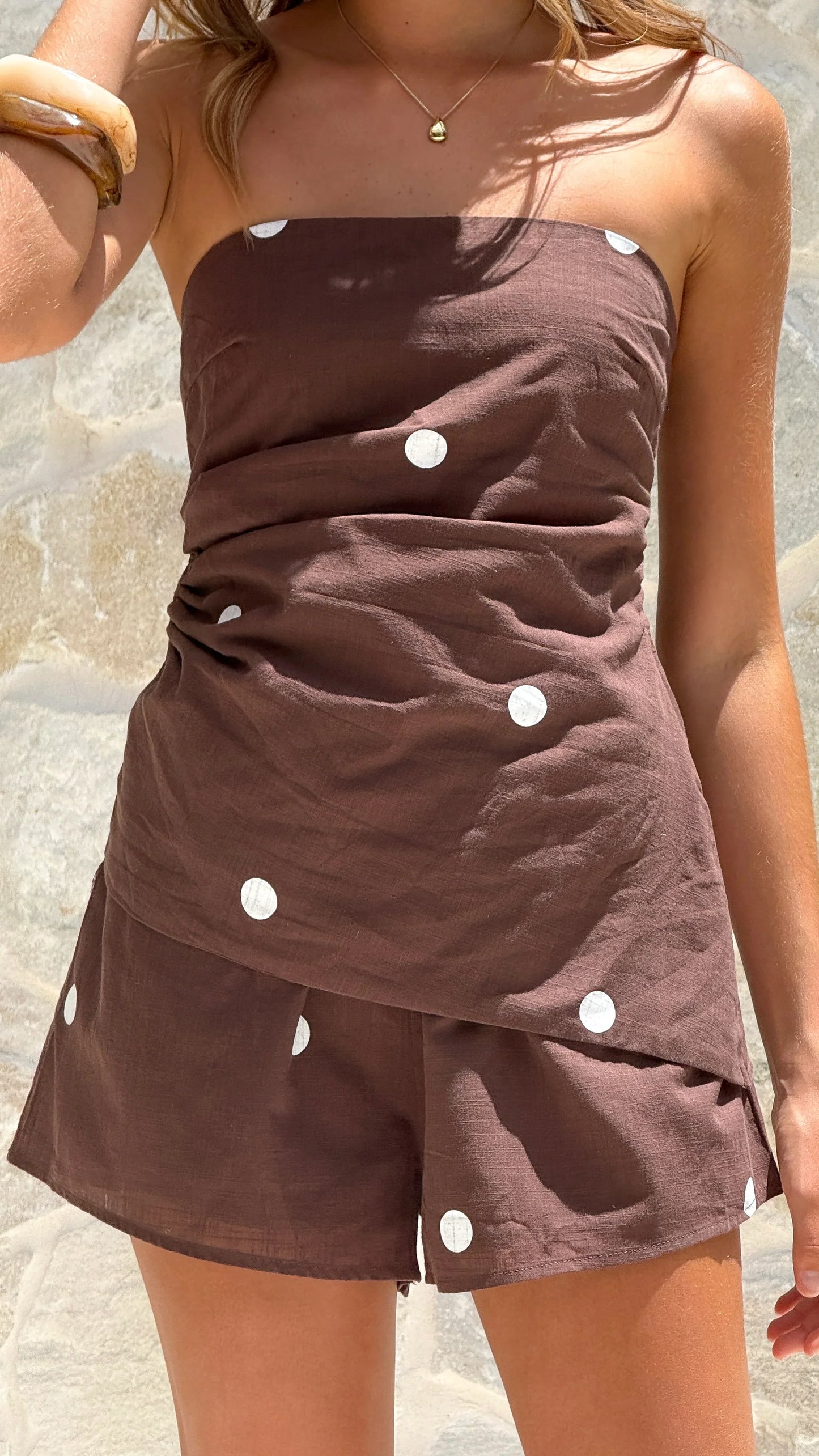 Gia Strapless Top and Shorts Set Choc White Polka Dot