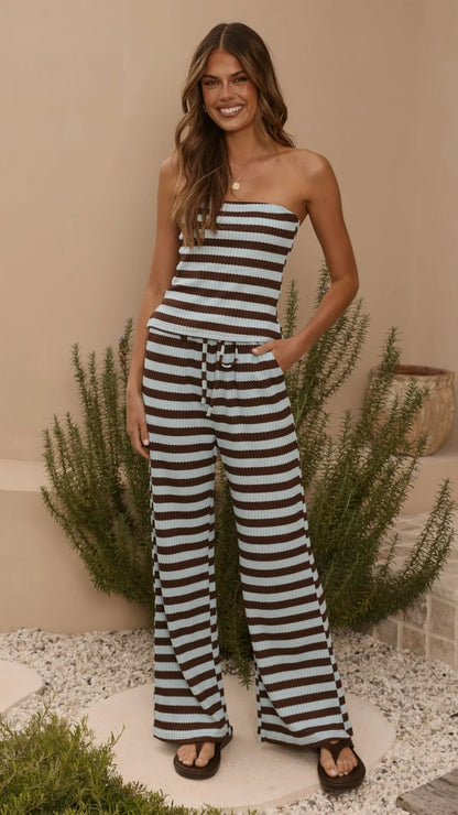 Milla Strapless Top Pants Set Brown Blue Stripe