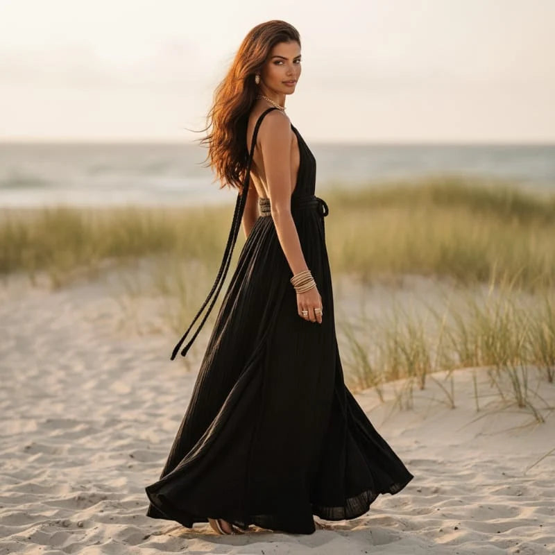 Deep V Neck Backless Halter Maxi Dress