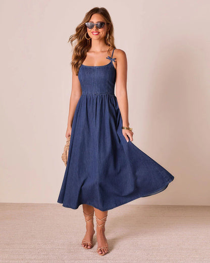 Tide To Me Bow Strap Midi Chambray Dress