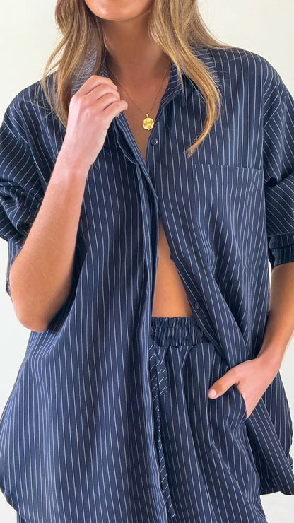 Zaila Long Sleeve Shirt Navy White Stripe