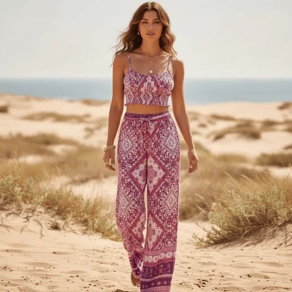 Pink Boho Floral Crop Top Wide Leg Pants Set