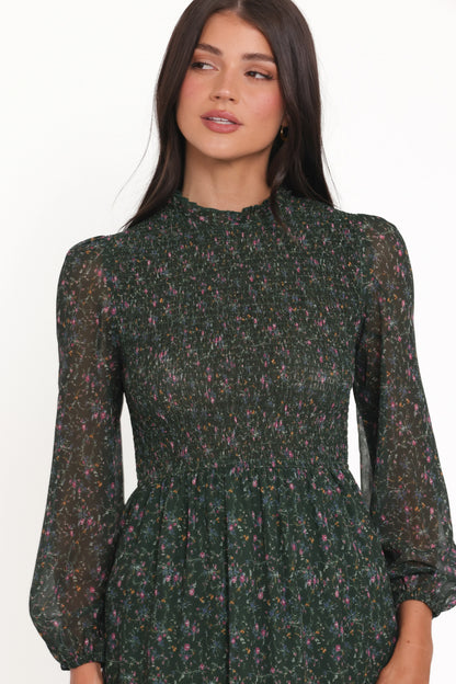 Edwina Shirred Frill Long Sleeve Midi Dress Olive Floral