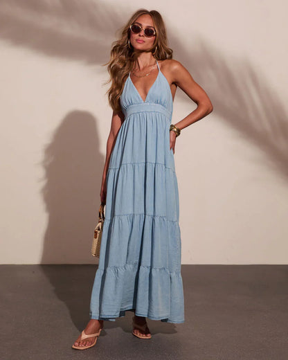 Maesy Tiered Halter Neck Chambray Maxi Dress