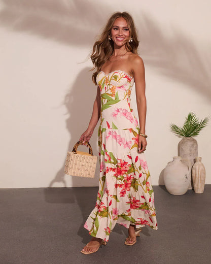 Tropic Mood Strapless Floral Print Maxi Dress