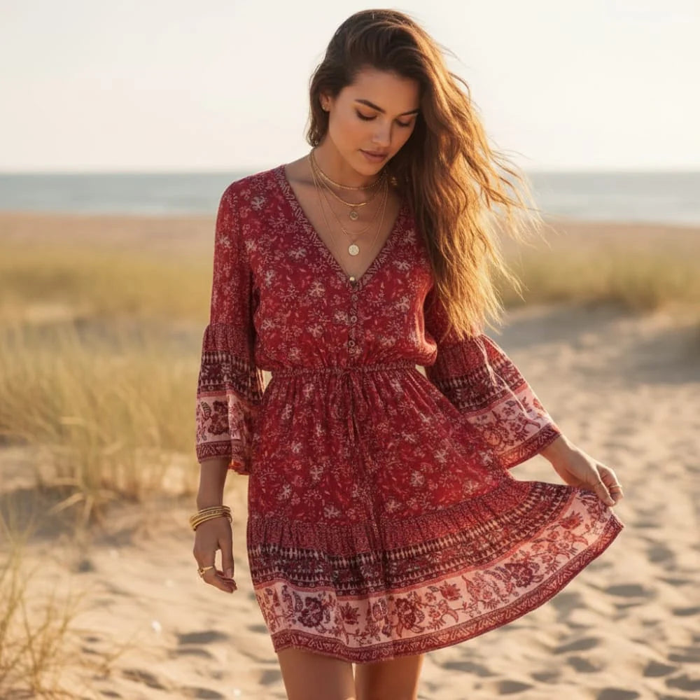 Boho Floral Print Mini Dress