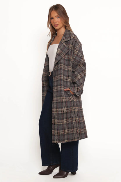 Torie Waist Tie Long Coat Grey Check