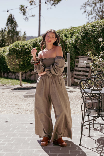 Domenica Shirred Long Sleeve Jumpsuit Olive