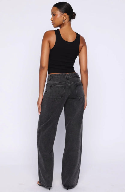 Making Appearances Mid Rise Lace Up Straight Leg Jeans Black Acid Wash