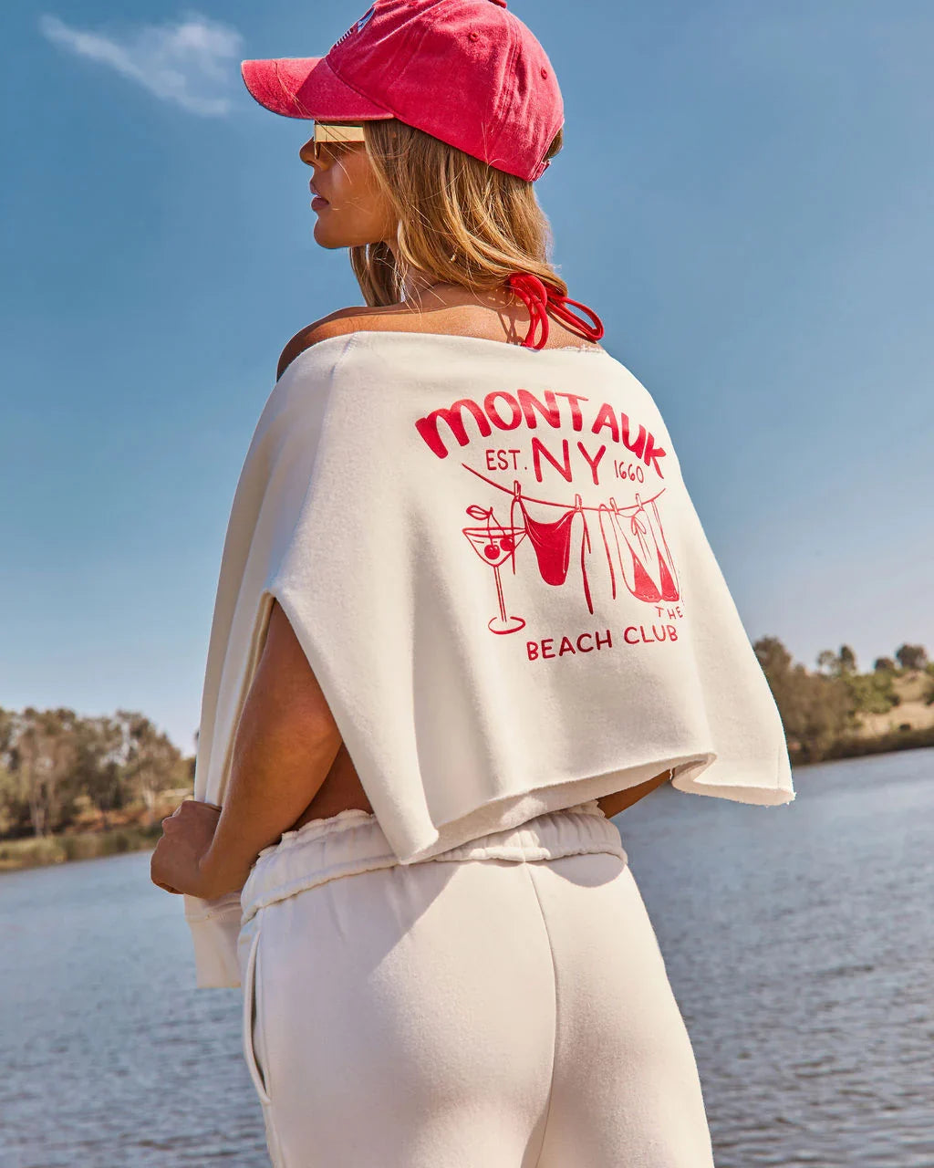 Montauk Beach Club Graphic Off the Shoulder Sweatshirt