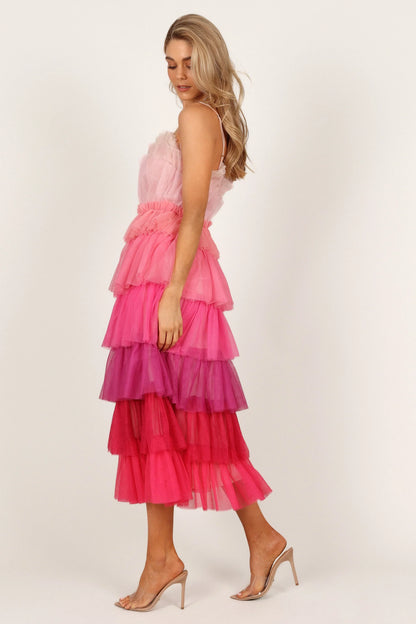 Minnie Tiered Tulle Midi Dress Pink