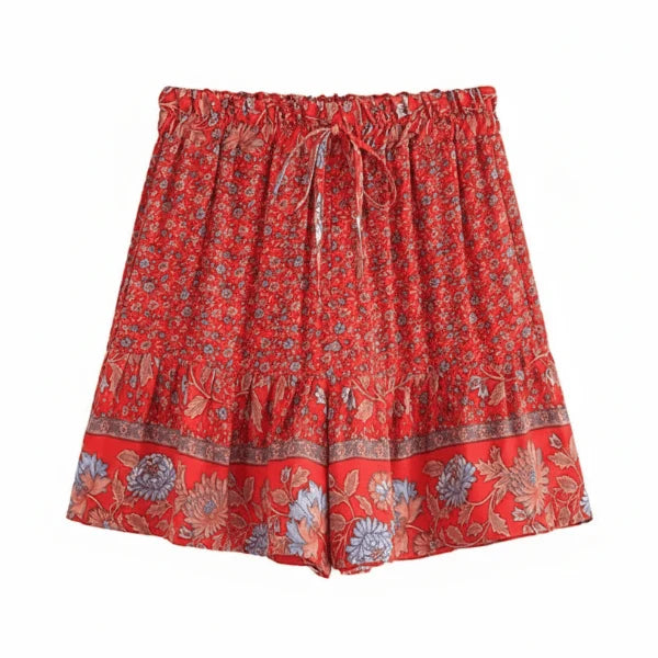Scarlet Blossom Boho Floral Drawstring Shorts