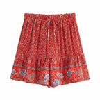 Scarlet Blossom Boho Floral Drawstring Shorts