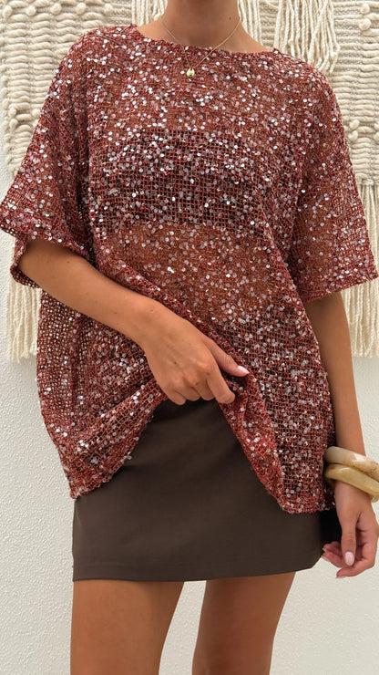 Zinnia Oversized Sequins Tee Rust