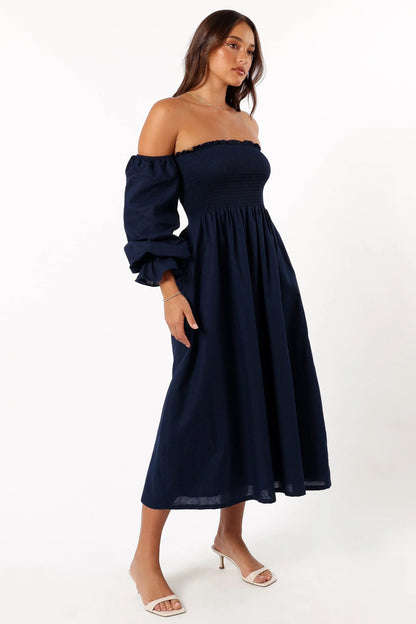 Domenica Shirred Long Sleeve Dress Navy