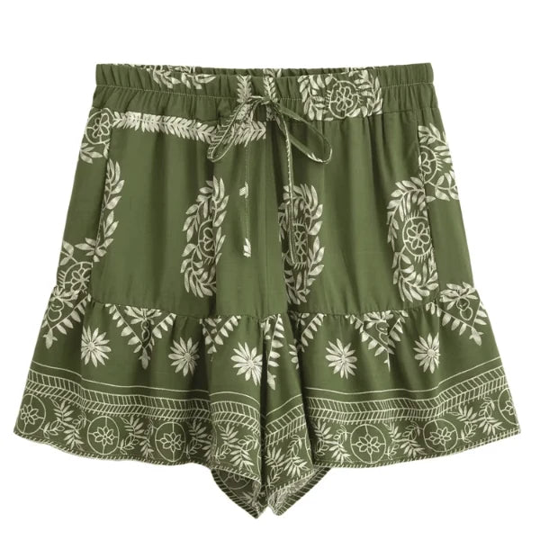 Olive Grove Boho Drawstring Shorts with Pockets