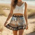 Khaki Boho Floral High Waist Drawstring Shorts with Pockets