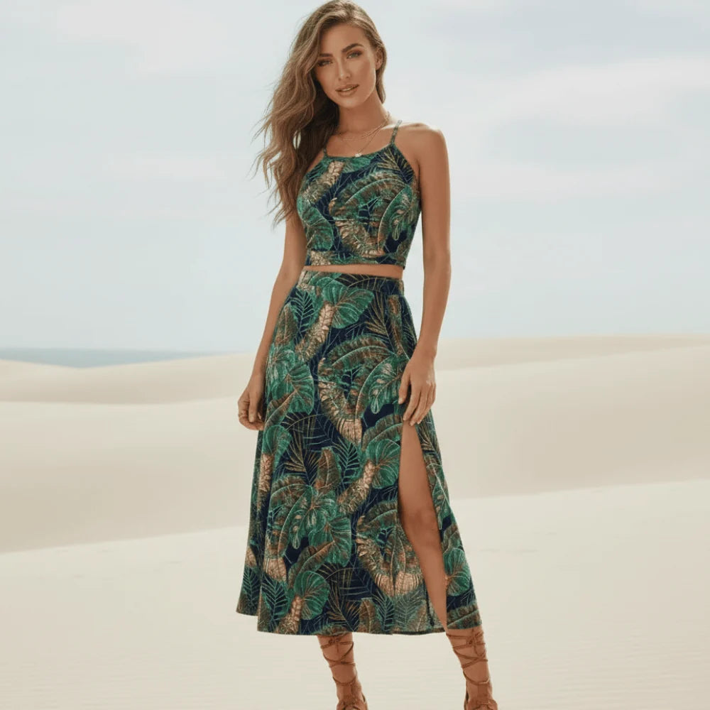 Tropical Floral Crop Top Midi Skirt Set